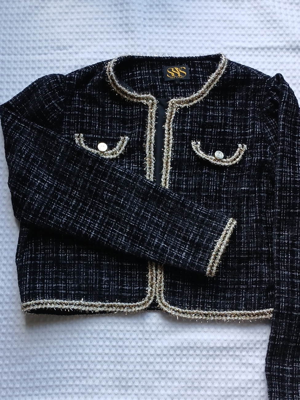 Black Tweed Lined Jacket With Gold Braid Trim Women's Large
